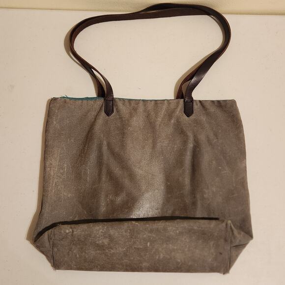 Atomic Freedom Distressed Leather & Canvas Grey Tote Bag Green Lining Grunge - Picture 4 of 11